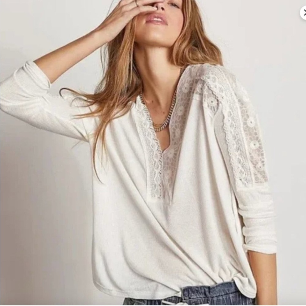 Free People Lola Lace Trim V-Neck Top